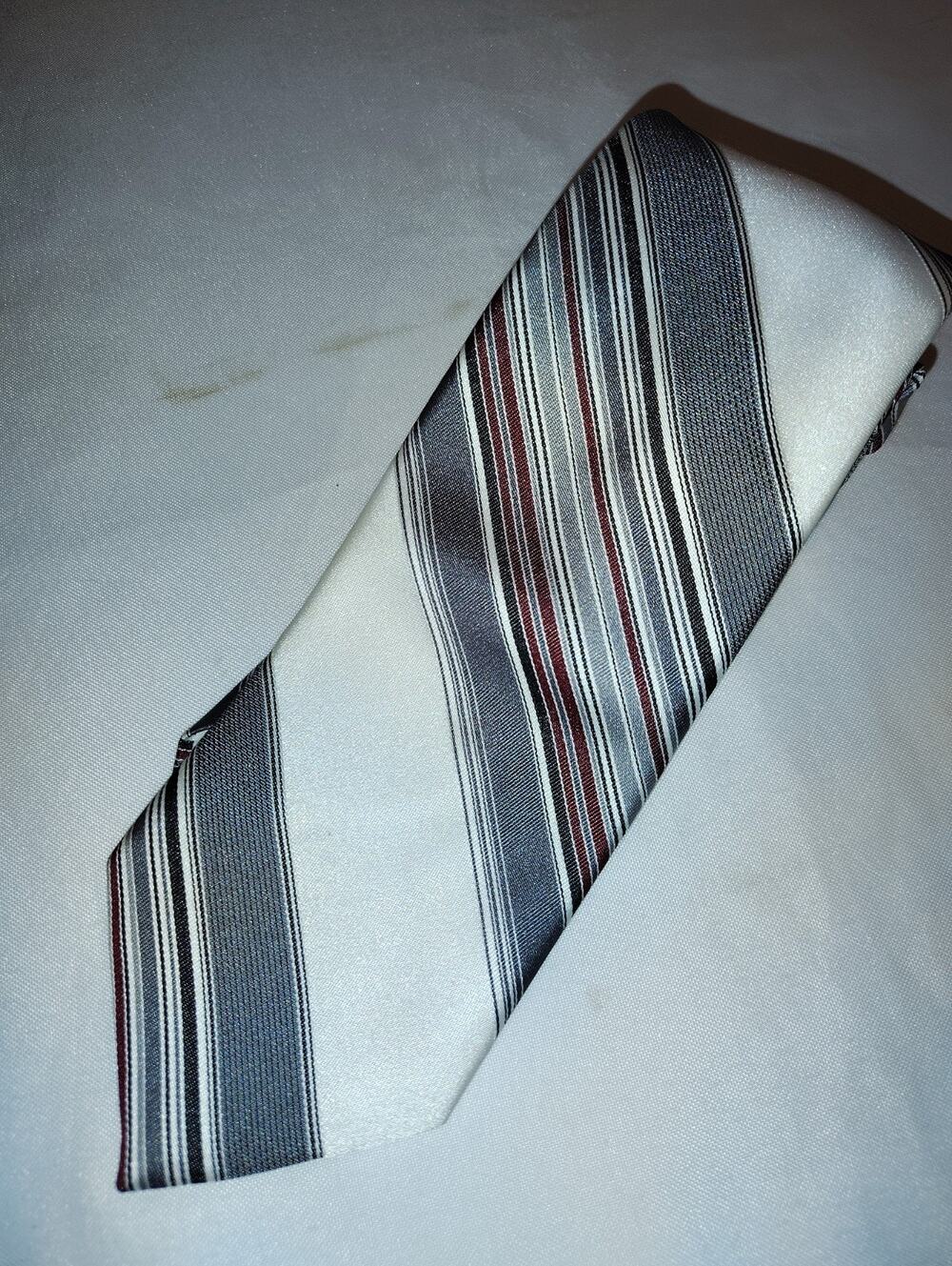 Vintage 1970s Polyester Count Barini Stripe Necktie Burgundy Black Gray White